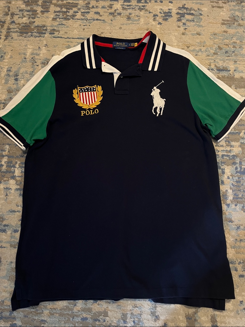 Polo by Ralph Lauren Navy Polo with Green and White Sleeve Panels